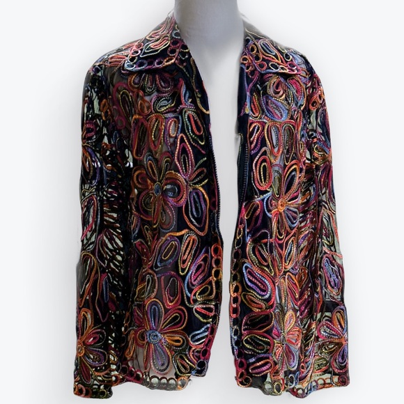 Black Sheer Mesh Jacket Open Front With Multicolor Ribbon Swirl Details~Unsized - Picture 1 of 14